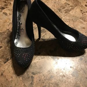 Brash rainbow sequin black velvet heels